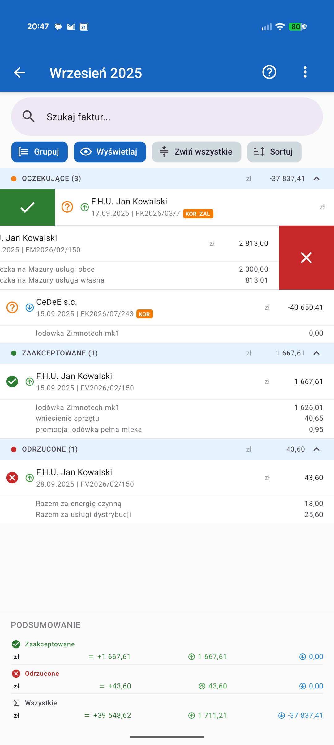 Widok listy faktur w aplikacji KSeF-Partner