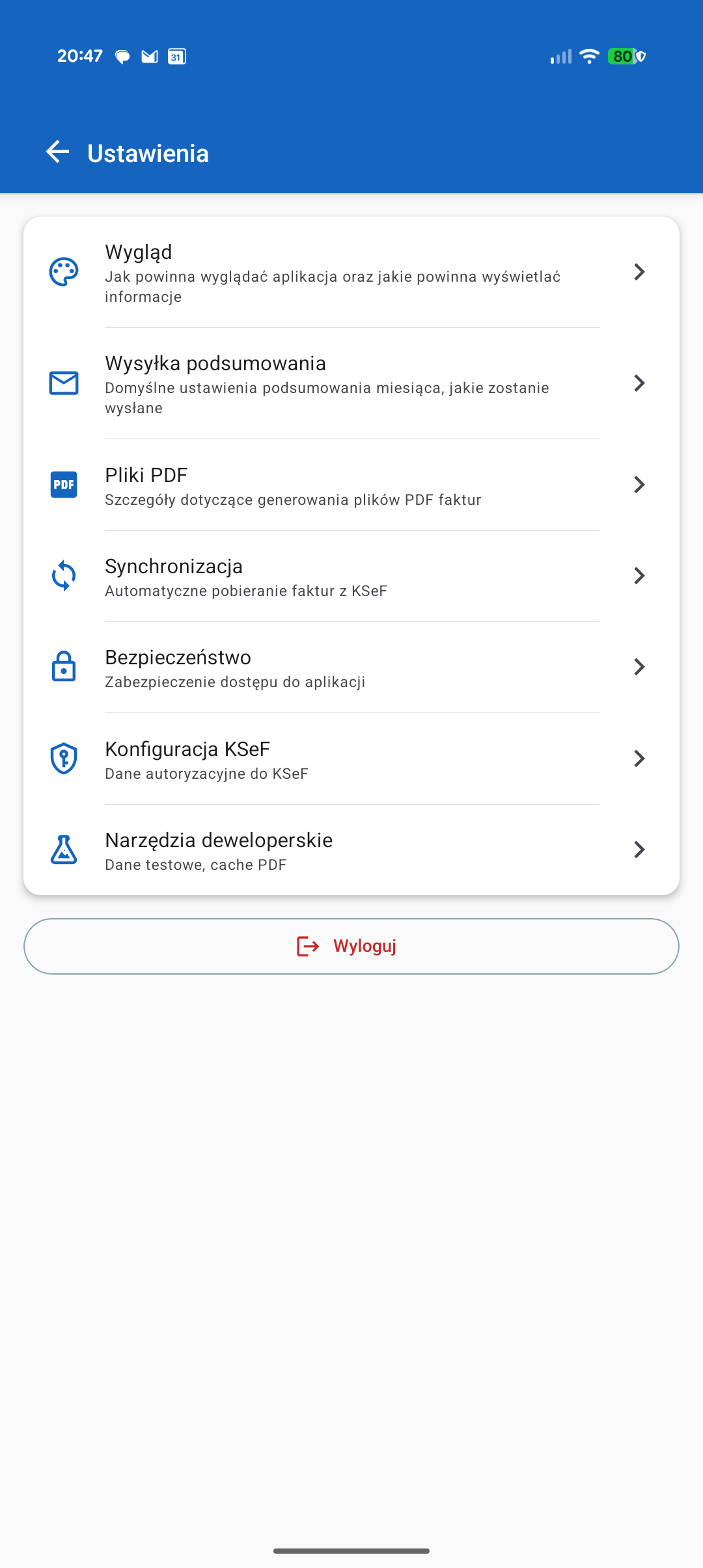 Ekran ustawień aplikacji